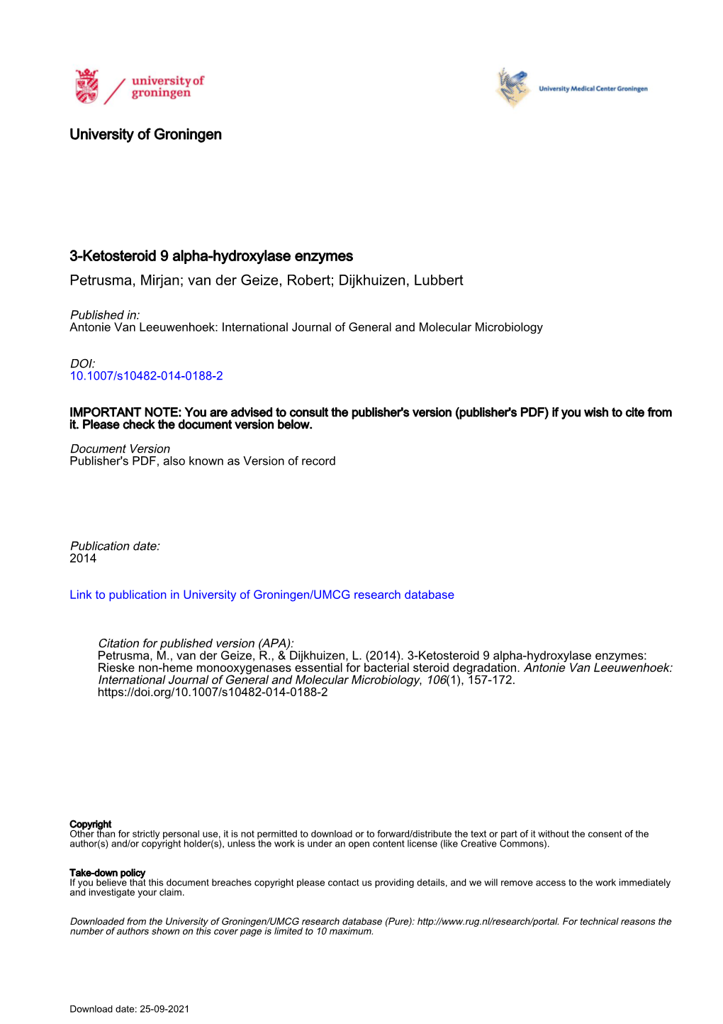 3 Ketosteroid 9 Alpha-Hydroxylase Enzymes Rieske Non-Heme