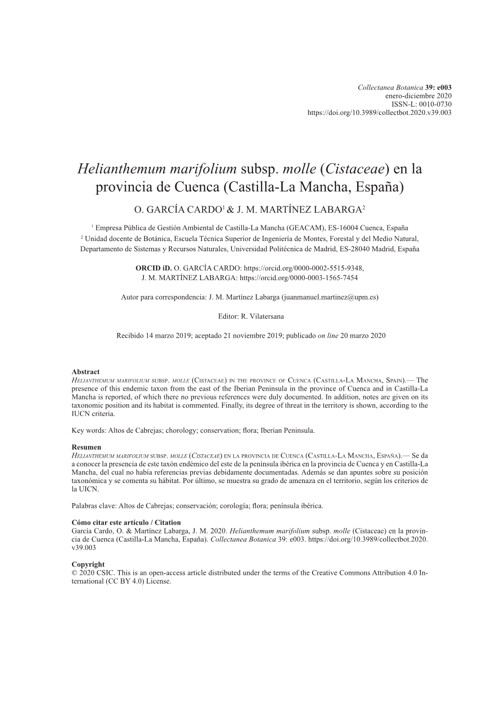 Helianthemum Marifolium Subsp. Molle (Cistaceae) En La Provincia De Cuenca (Castilla-La Mancha, España) O
