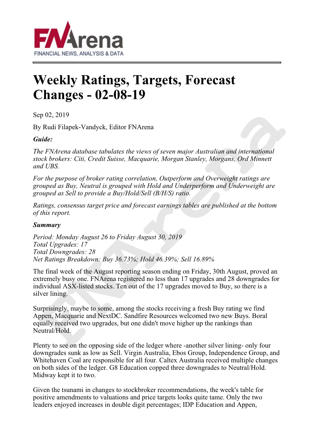 Weekly Ratings, Targets, Forecast Changes - 02-08-19