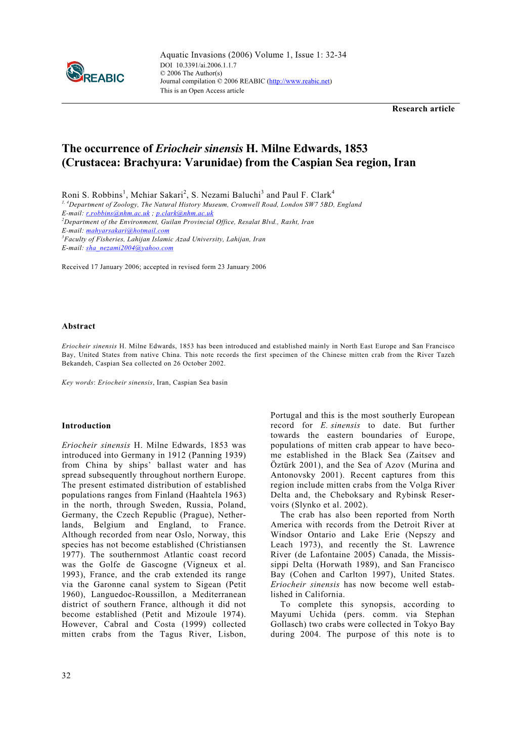 The Occurrence of Eriocheir Sinensis H. Milne Edwards, 1853 (Crustacea: Brachyura: Varunidae) from the Caspian Sea Region, Iran