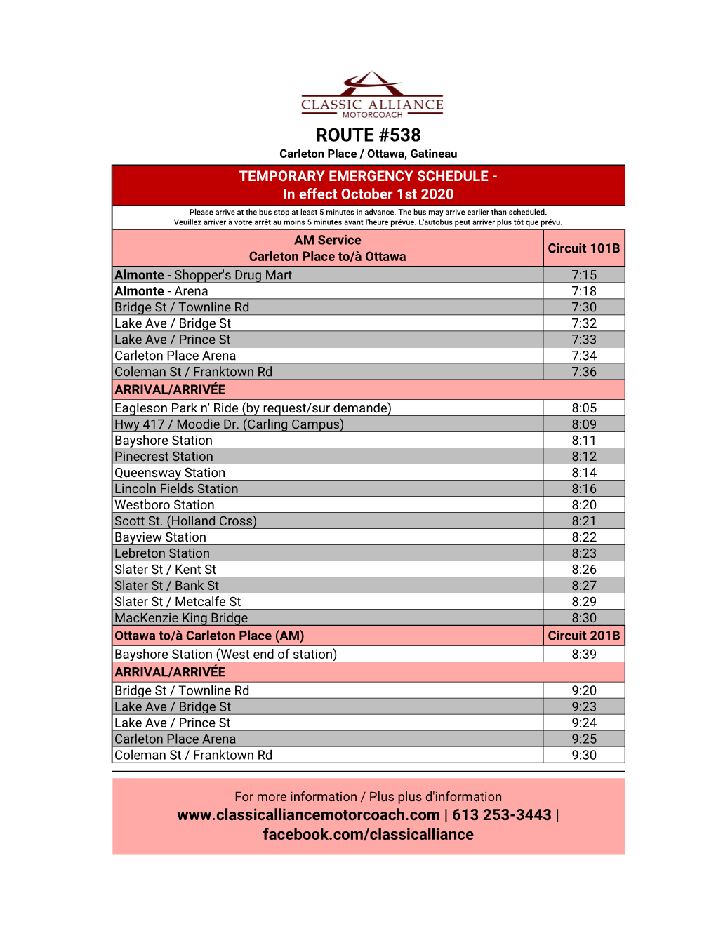 ROUTE #538 Carleton Place / Ottawa, Gatineau TEMPORARY EMERGENCY SCHEDULE - in Effect October 1St 2020 Please Arrive at the Bus Stop at Least 5 Minutes in Advance