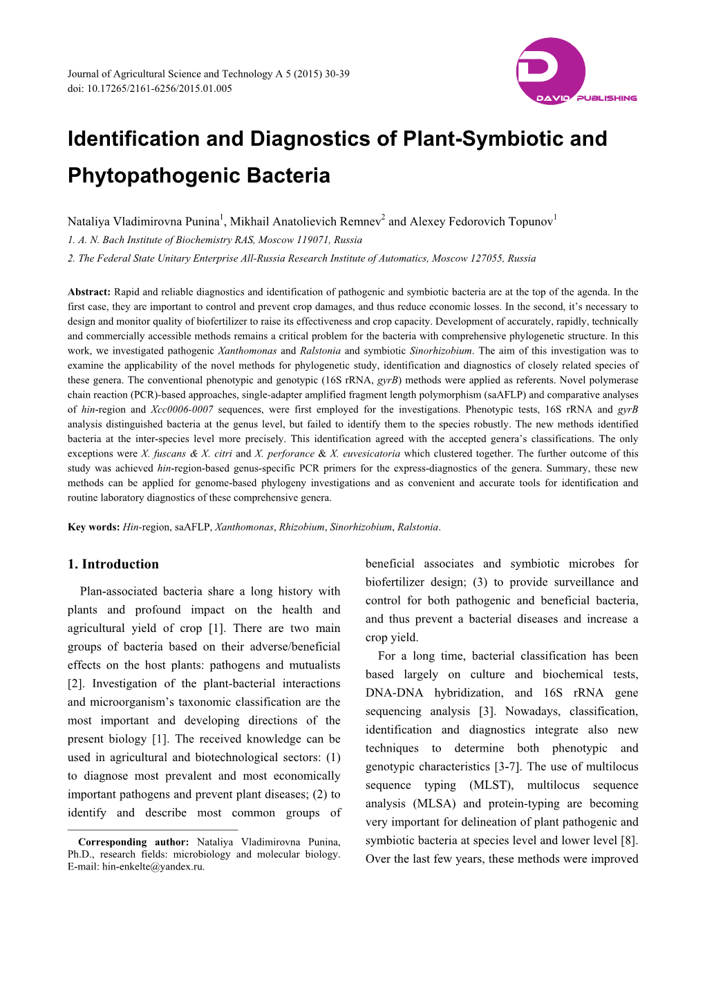 Identification and Diagnostics of Plant-Symbiotic and Phytopathogenic Bacteria