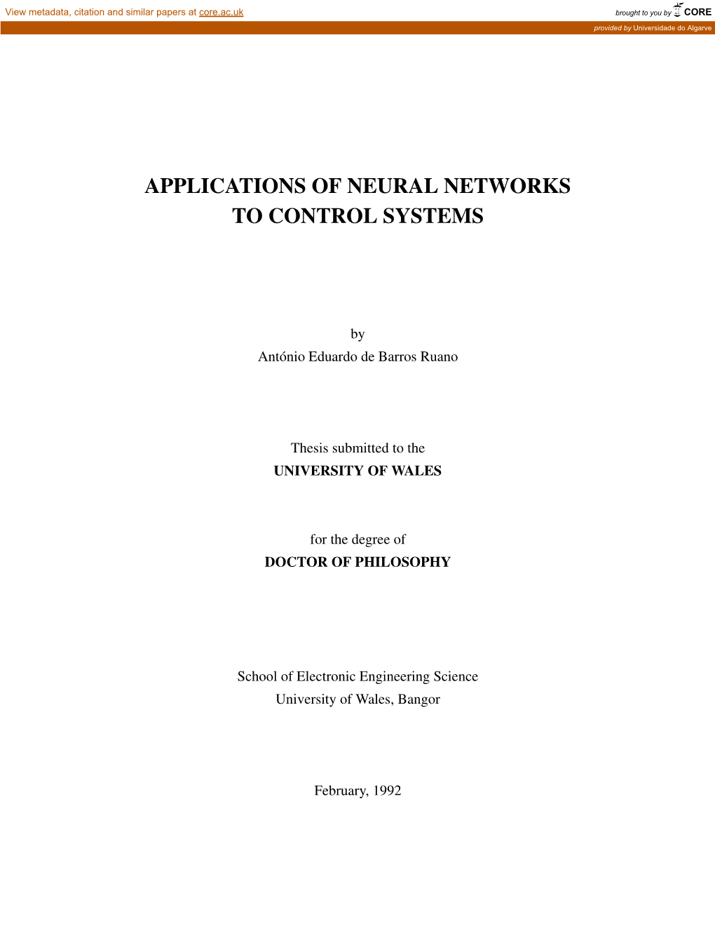 Applications of Neural Networks to Control Systems
