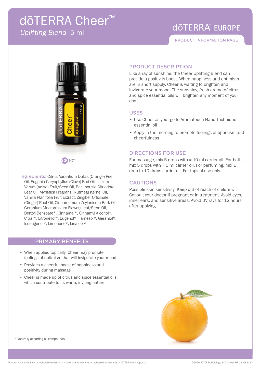 Dōterra Cheer™ Uplifting Blend 5 Ml PRODUCT INFORMATION PAGE