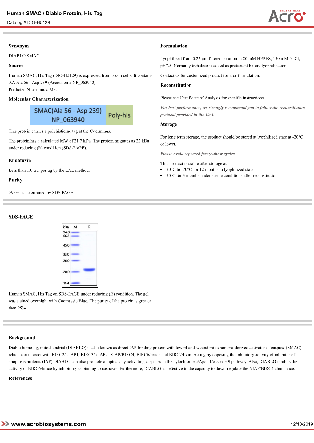 12/10/2019 Human SMAC / Diablo Protein, His Tag Catalog # DIO-H5129