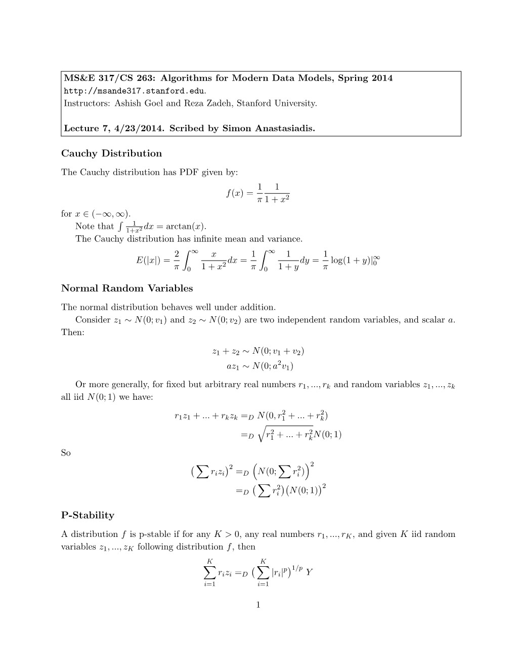 Cauchy Distribution Normal Random Variables P-Stability