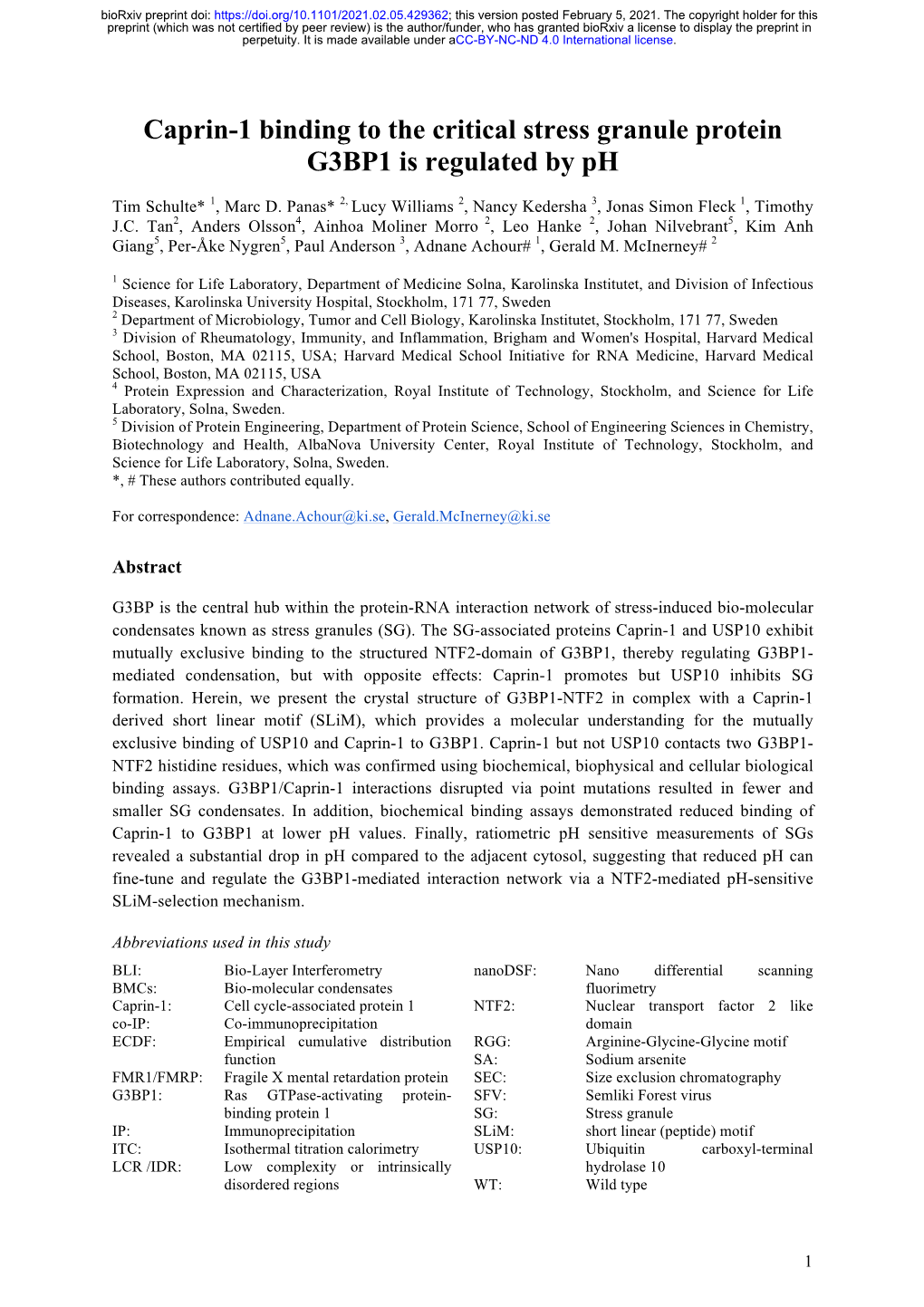 Caprin-1 Binding to the Critical Stress Granule Protein G3BP1 Is Regulated by Ph