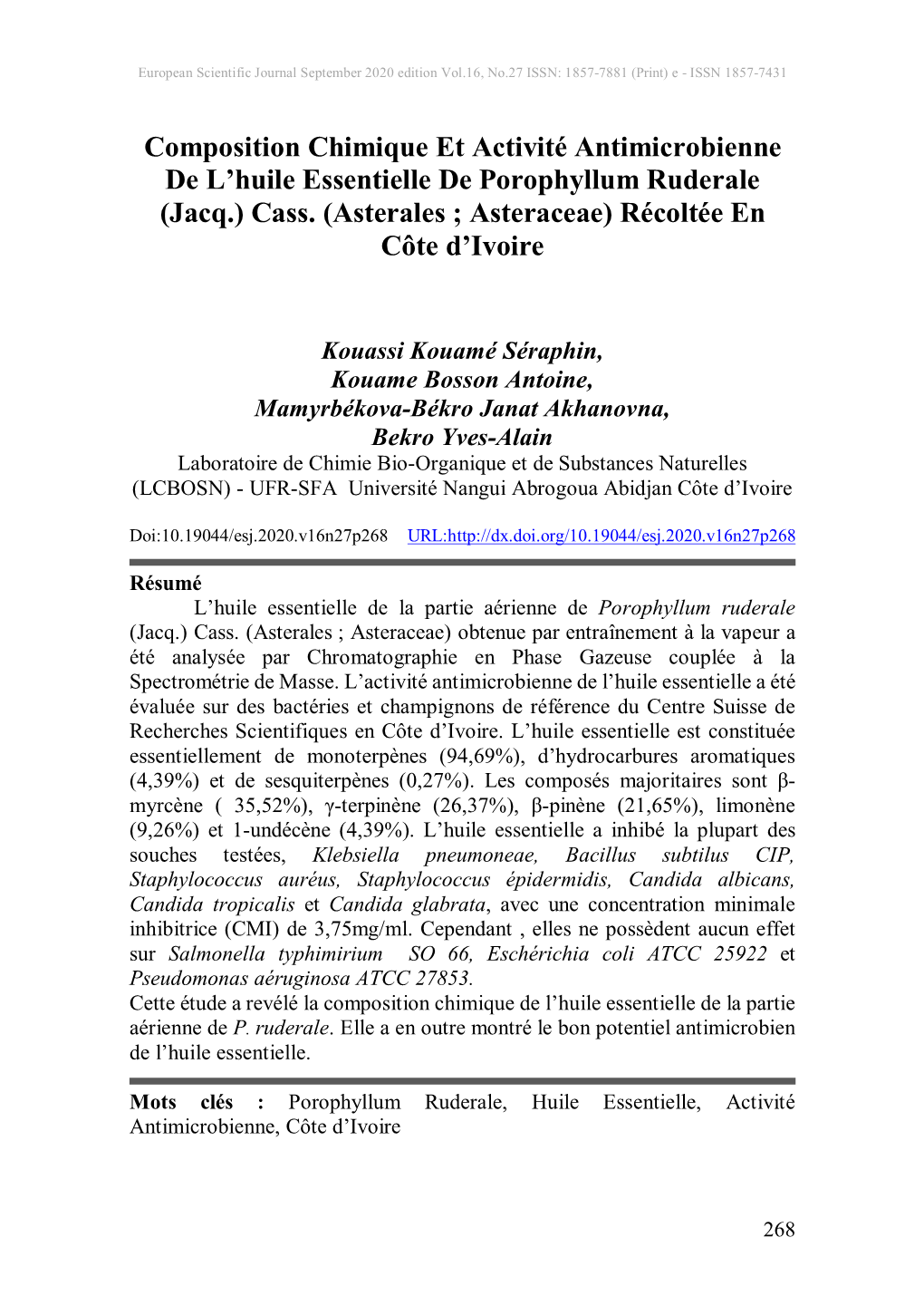 Composition Chimique Et Activité Antimicrobienne De L'huile Essentielle De Porophyllum Ruderale (Jacq.) Cass. (Asterales ; As