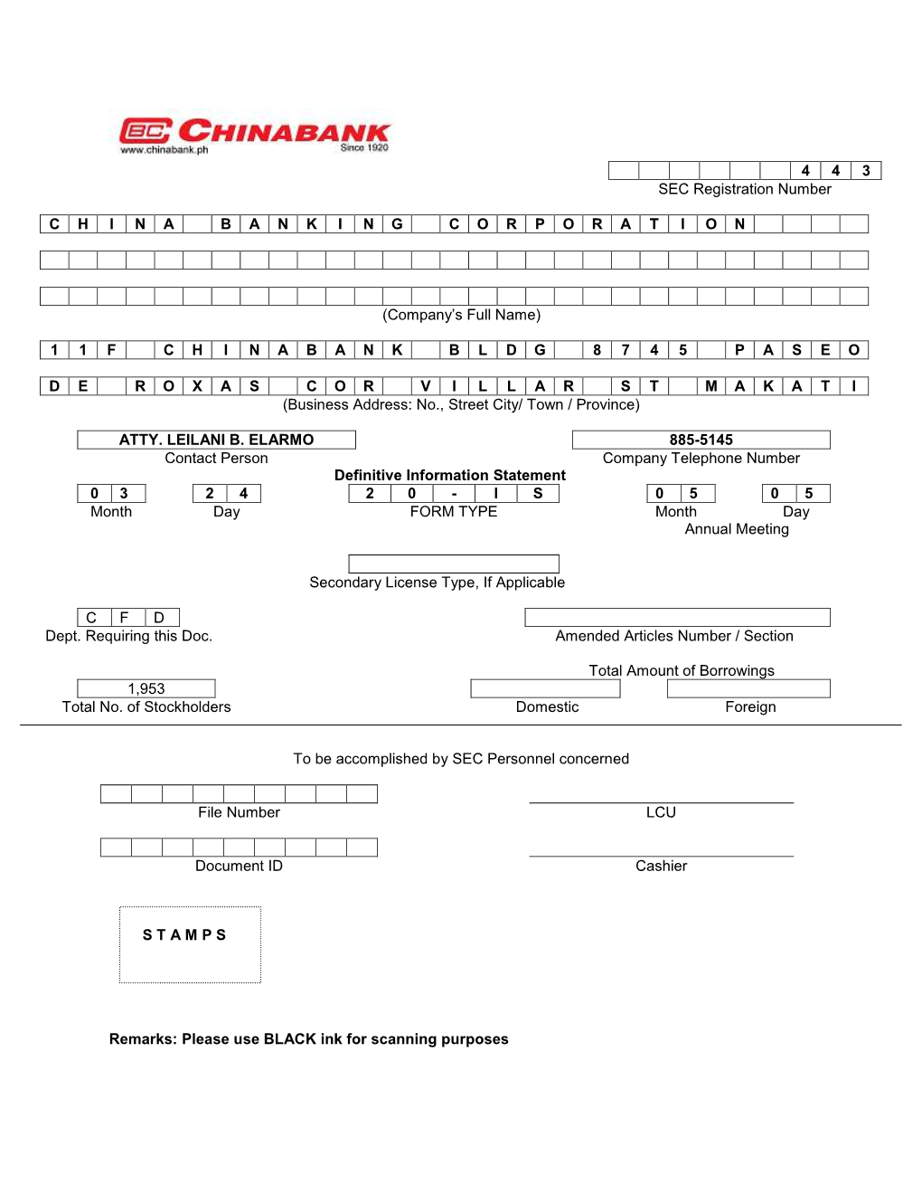 4 4 3 SEC Registration Number CHINABANKINGCORPORATI ON