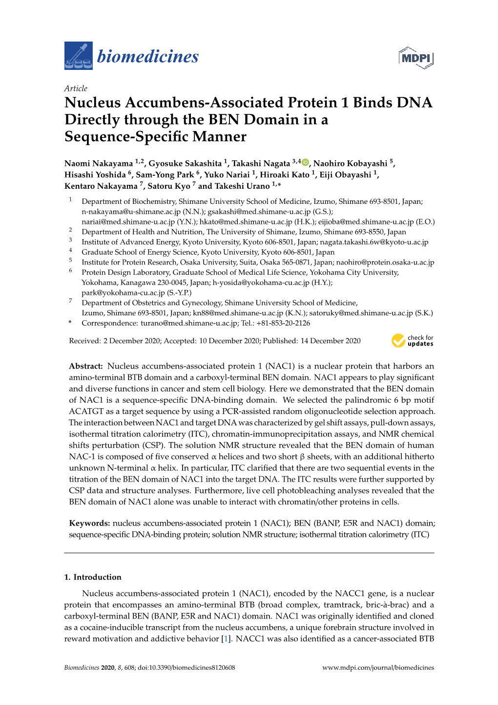 Nucleus Accumbens-Associated Protein 1 Binds DNA Directly Through the BEN Domain in a Sequence-Speciﬁc Manner