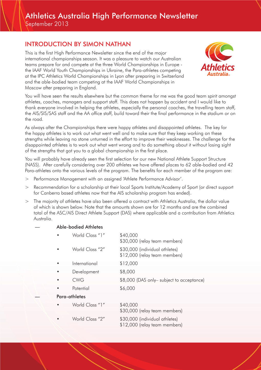 Athletics Australia High Performance Newsletter September 2013