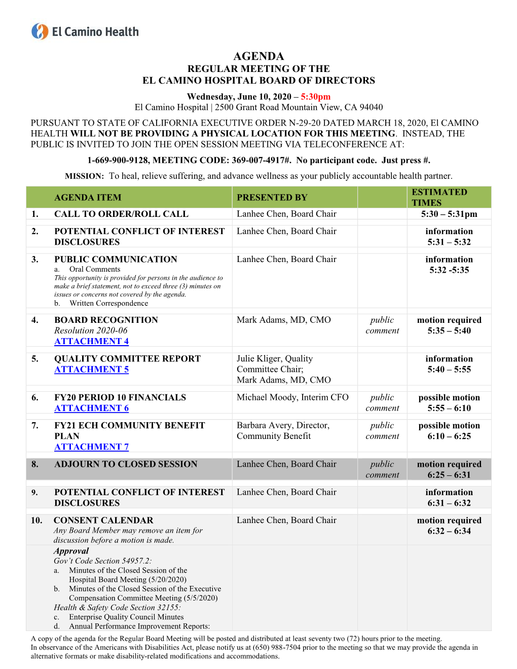 El Camino Hospital Board of Directors Regular Meeting Packet for June 10