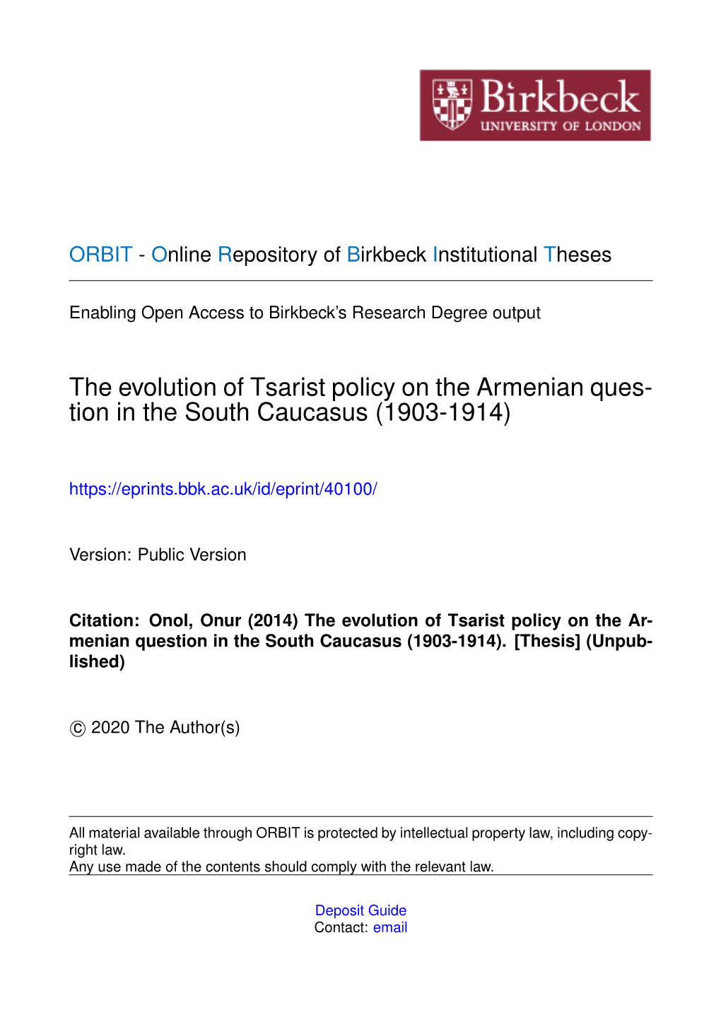 The Evolution of Tsarist Policy on the Armenian Ques- Tion in the South Caucasus (1903-1914)