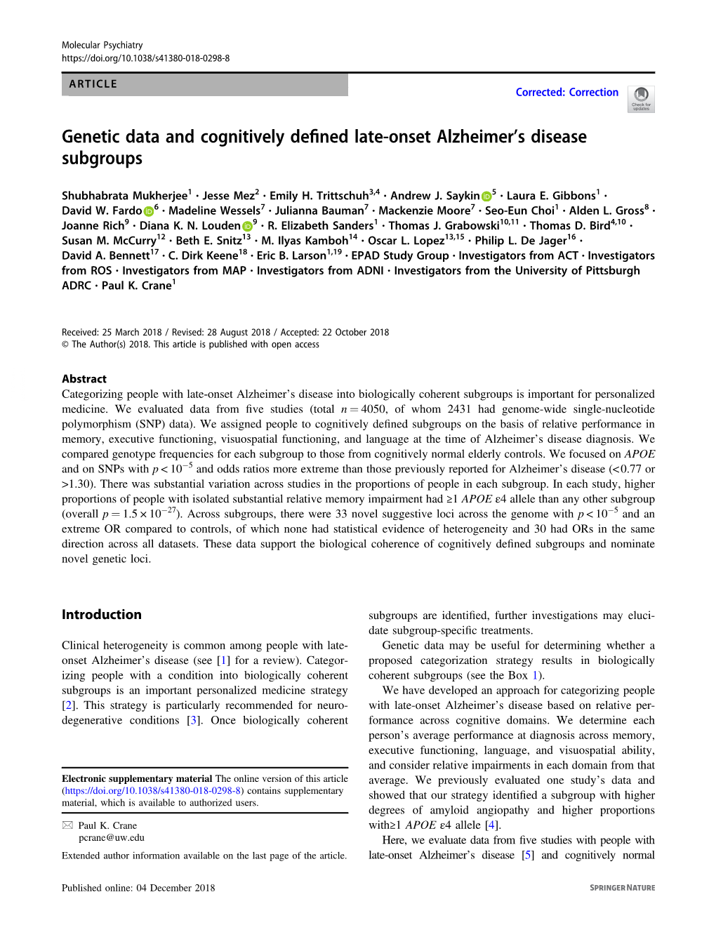 Genetic Data and Cognitively Defined Late-Onset Alzheimerâ€™S Disease