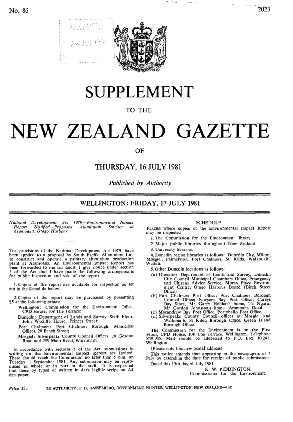 New Zealand Gazette Of