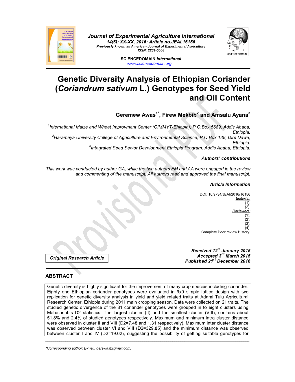 Genetic Diversity Analysis of Ethiopian Coriander (Coriandrum Sativum L.) Genotypes for Seed Yield and Oil Content