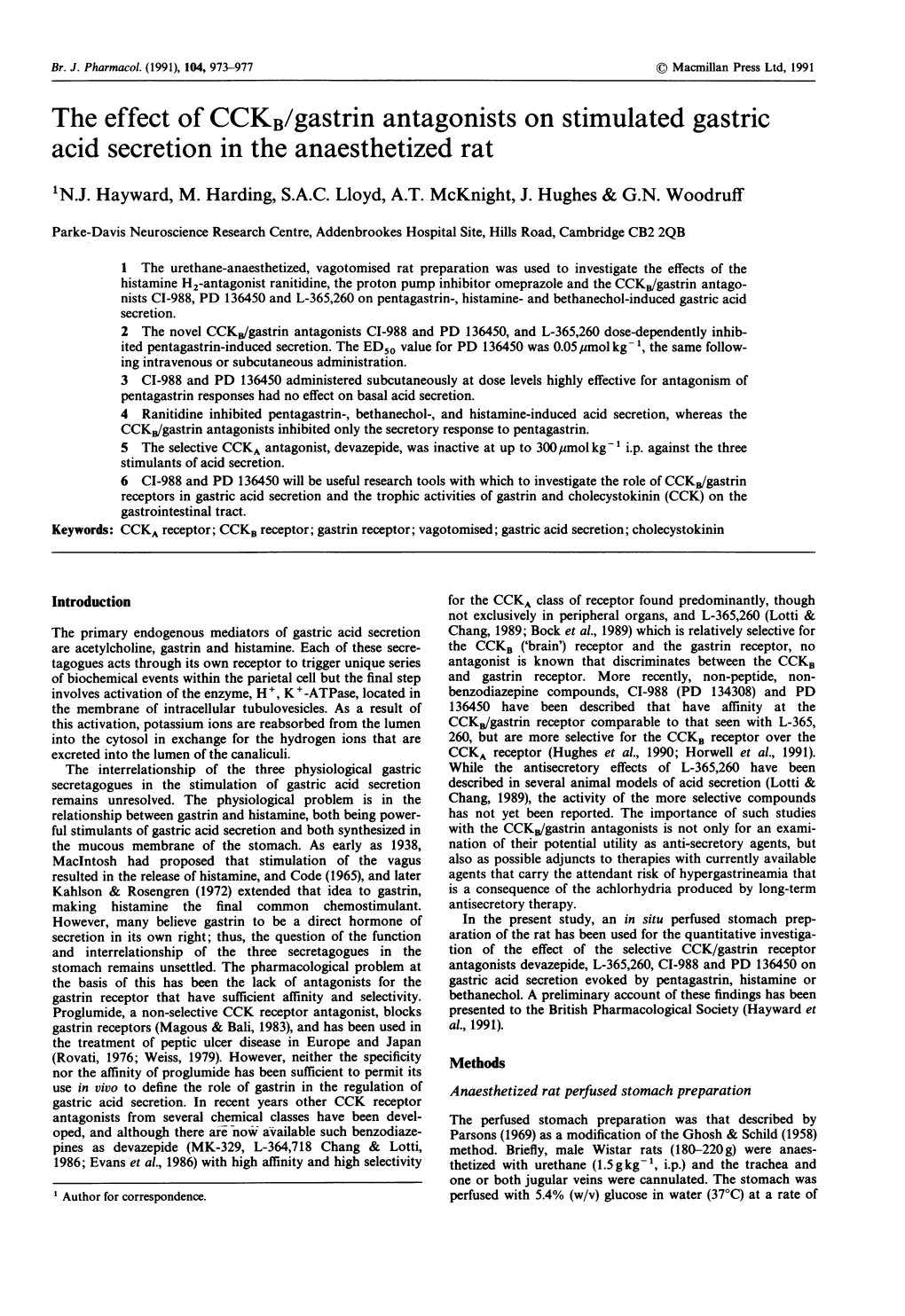 The Effect of CCKB/Gastrin Antagonists on Stimulated Gastric Acid Secretion in the Anaesthetized Rat 1N.J