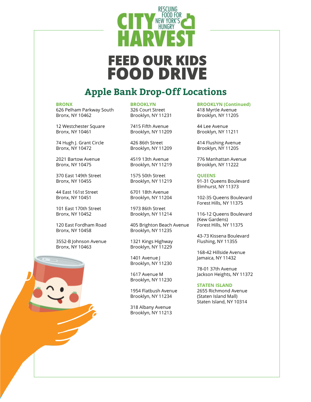 FOOD DRIVE Apple Bank Drop-Off Locations