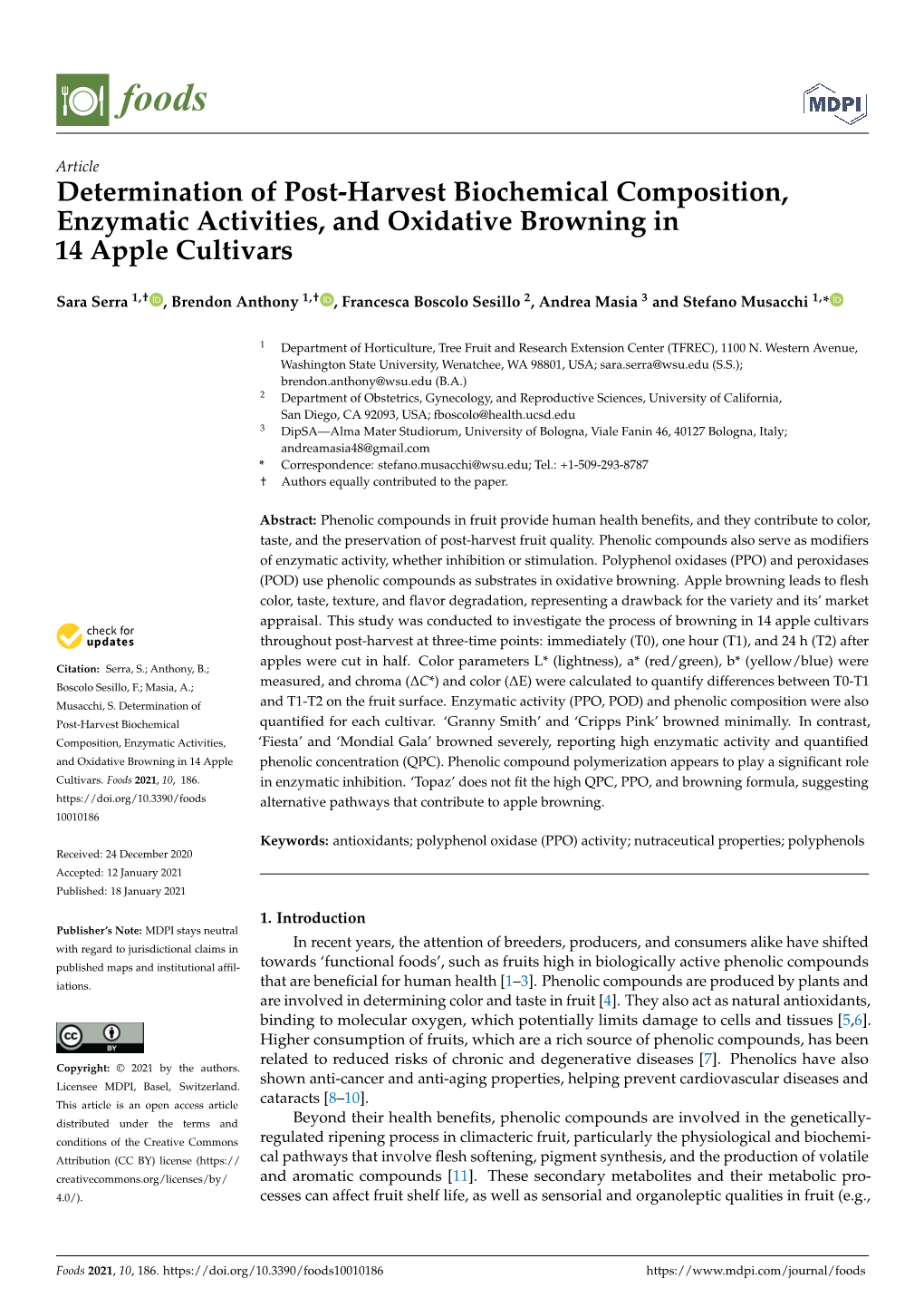 Determination of Post-Harvest Biochemical Composition, Enzymatic Activities, and Oxidative Browning in 14 Apple Cultivars