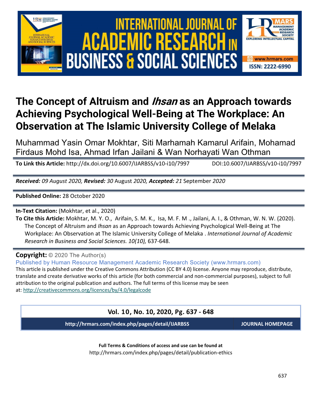 The Concept of Altruism and Ihsan As an Approach Towards Achieving Psychological Well-Being at the Workplace: an Observation At