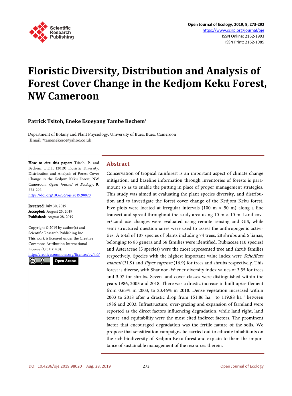 Floristic Diversity, Distribution and Analysis of Forest Cover Change in the Kedjom Keku Forest, NW Cameroon