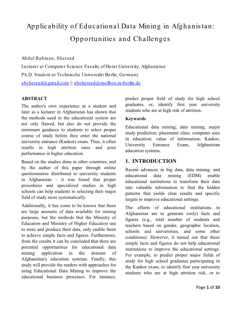 Applicability of Educational Data Mining in Afghanistan: Opportunities and Challenges