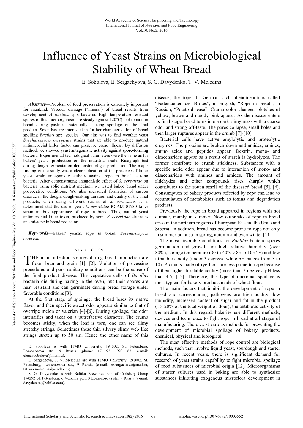 Influence of Yeast Strains on Microbiological Stability of Wheat Bread E