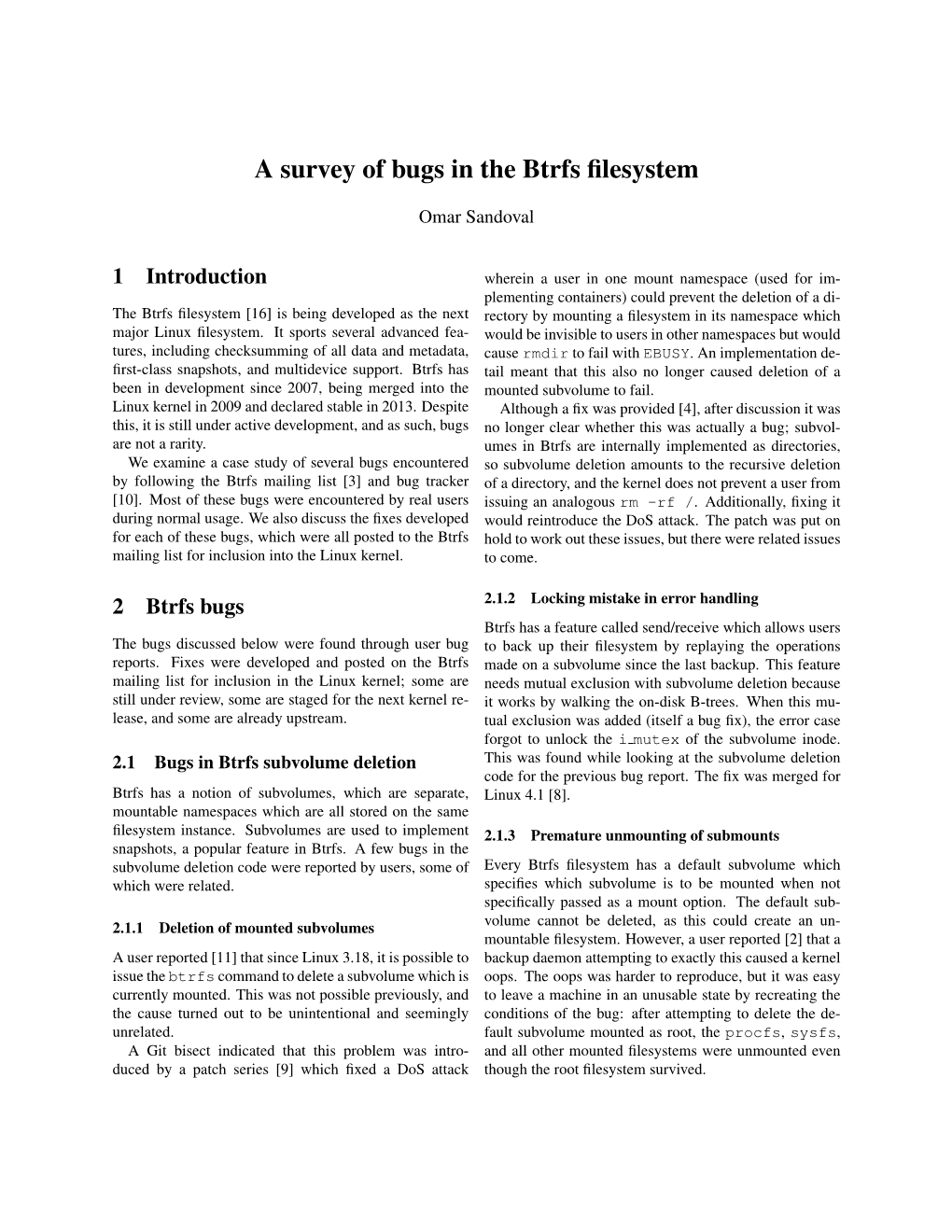 A Survey of Bugs in the Btrfs Filesystem