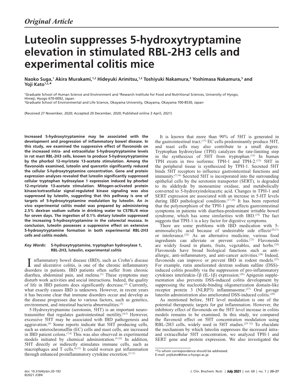 Luteolin Suppresses 5-Hydroxytryptamine Elevation in Stimulated RBL-2H3 Cells and Experimental Colitis Mice