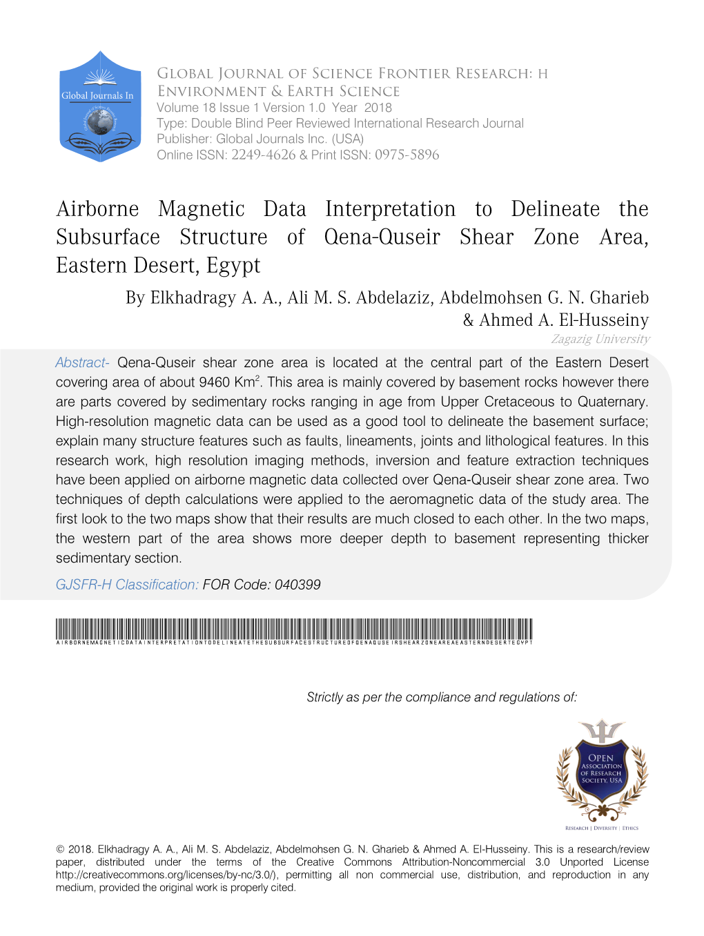 Airborne Magnetic Data Interpretation to Delineate the Subsurface Structure of Qena-Quseir Shear Zone Area, Eastern Desert, Egypt by Elkhadragy A