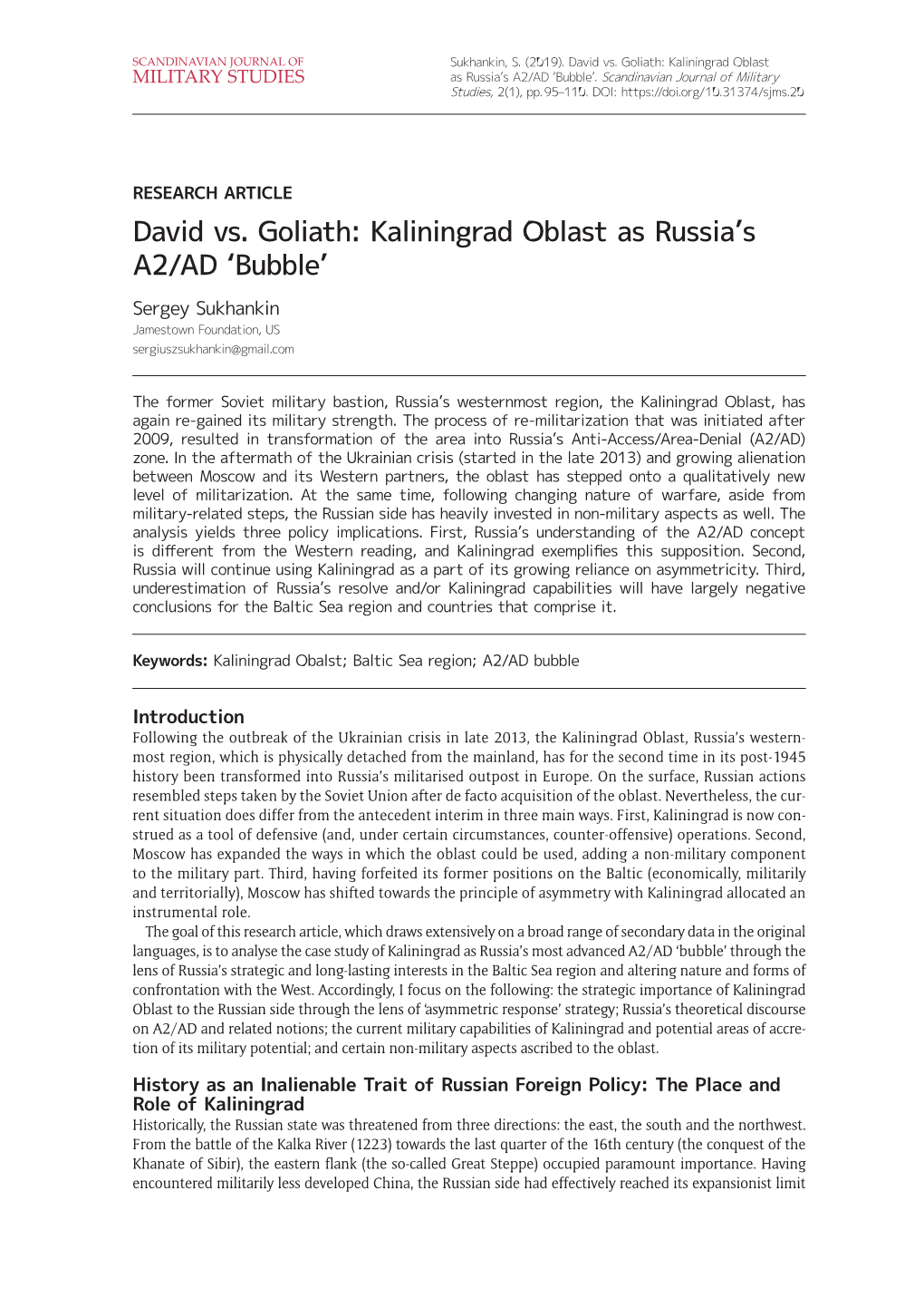 David Vs. Goliath: Kaliningrad Oblast As Russia's A2/AD