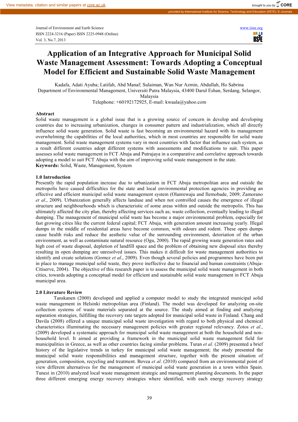 Application of an Integrative Approach for Municipal Solid Waste