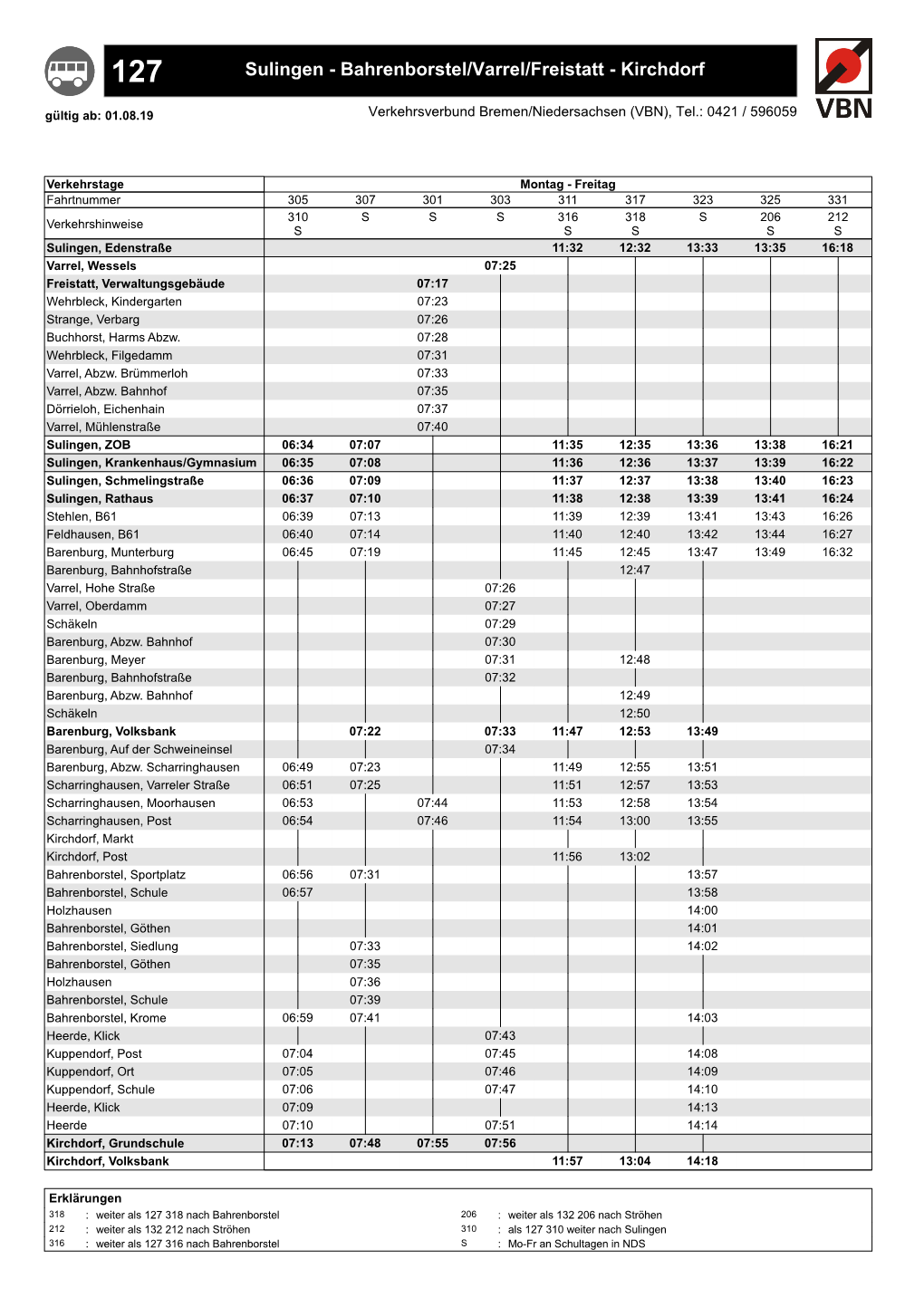 Sulingen - Bahrenborstel/Varrel/Freistatt - Kirchdorf Gültig Ab: 01.08.19 Verkehrsverbund Bremen/Niedersachsen (VBN), Tel.: 0421 / 596059