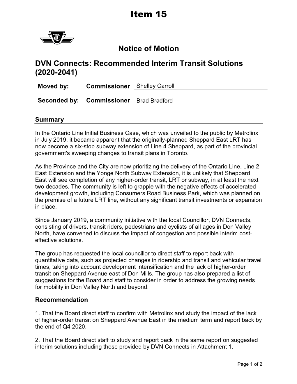 Notice of Motion – DVN Connects: Recommended Interim