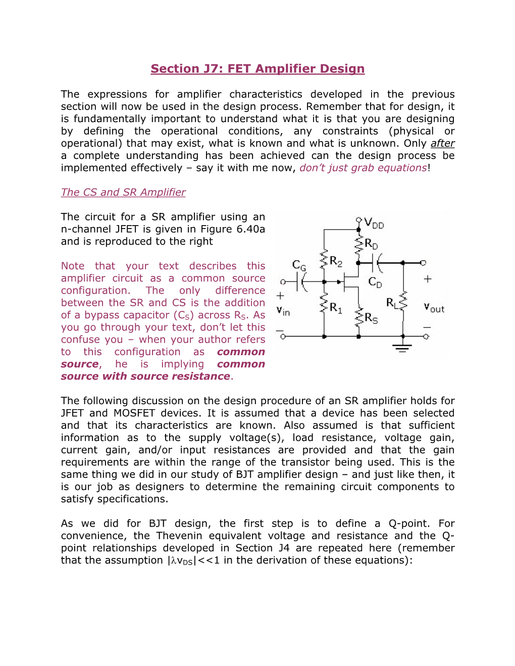 Section J7: FET Amplifier Design