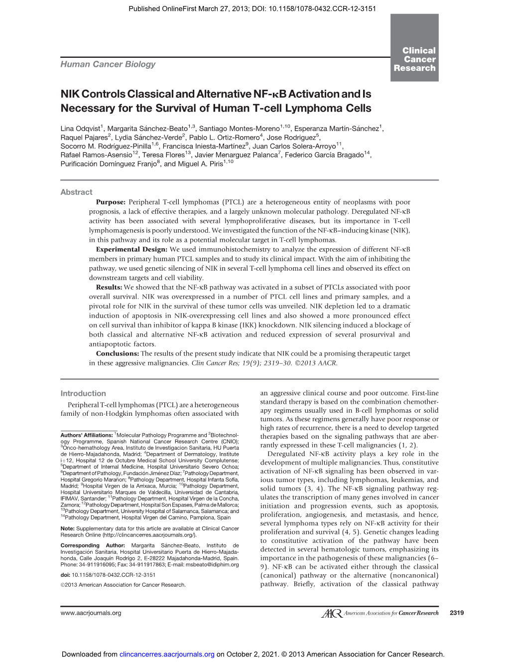 NIK Controls Classical and Alternative NF-Kb Activation and Is Necessary for the Survival of Human T-Cell Lymphoma Cells