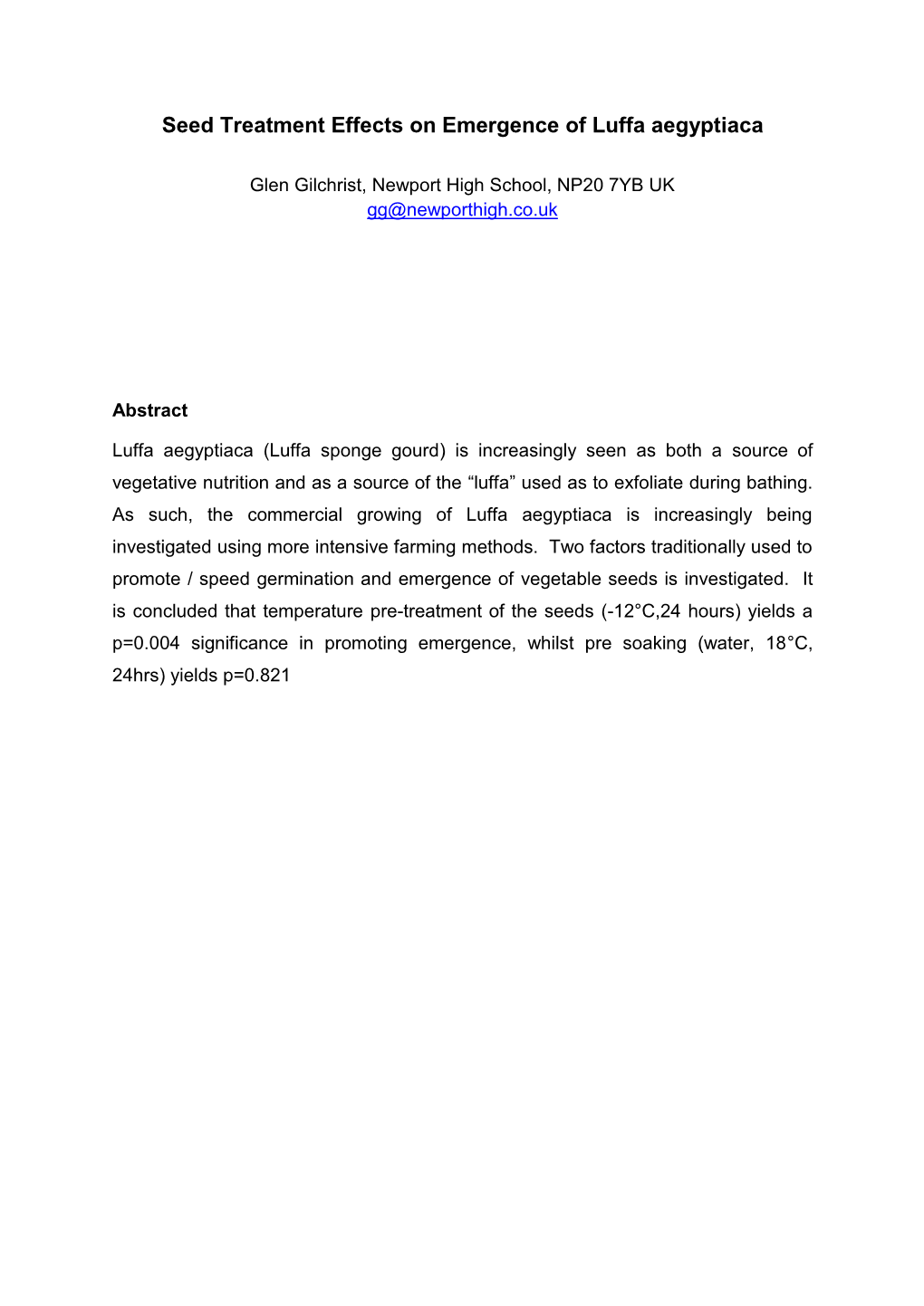 Seed Treatment Effects on Emergence of Luffa Aegyptiaca