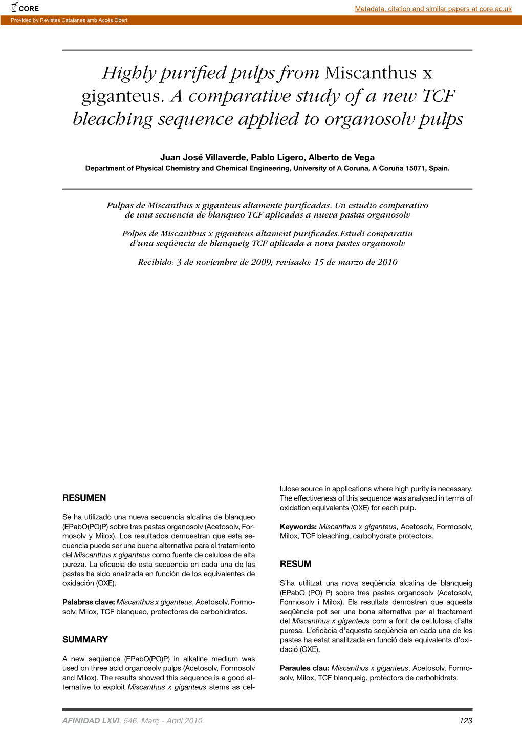 Highly Purified Pulps from Miscanthus X Giganteus. a Comparative Study of a New TCF Bleaching Sequence Applied to Organosolv Pulps