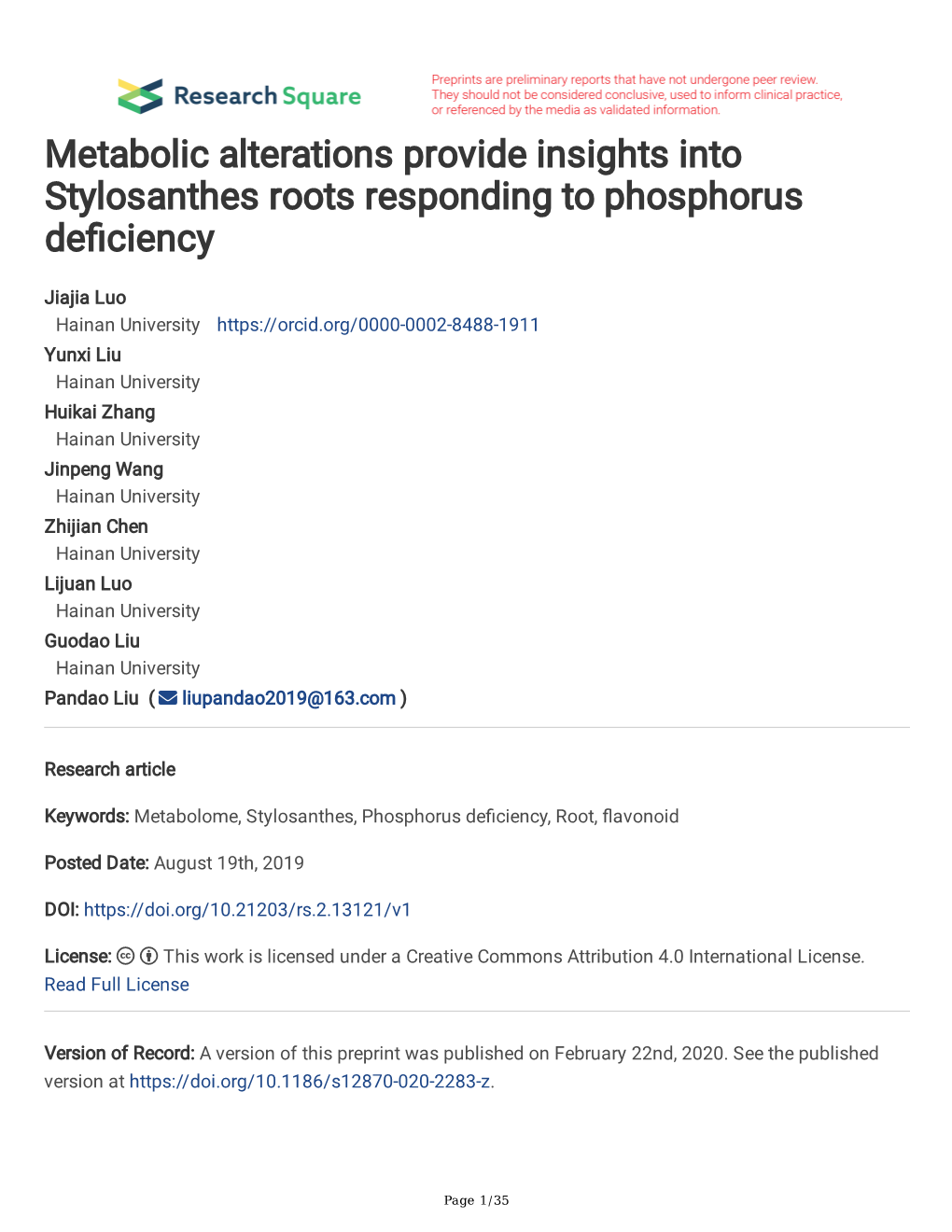 Metabolic Alterations Provide Insights Into Stylosanthes Roots Responding to Phosphorus Defciency