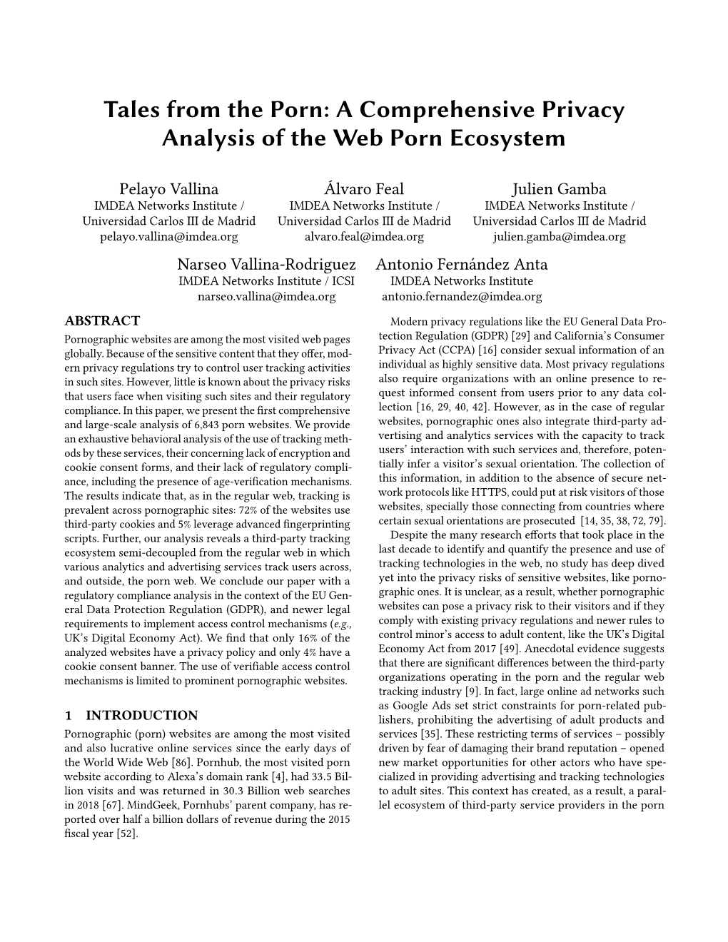 A Comprehensive Privacy Analysis of the Web Porn Ecosystem