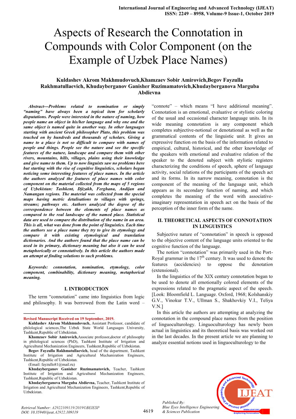 Aspects of Research the Connotation in Compounds with Color Component (On the Example of Uzbek Place Names)