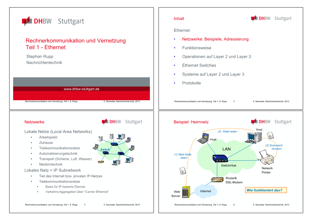 Ethernet Rechnerkommunikation Und Vernetzung • Netzwerke: Beispiele, Adressierung Teil 1 - Ethernet • Funktionsweise