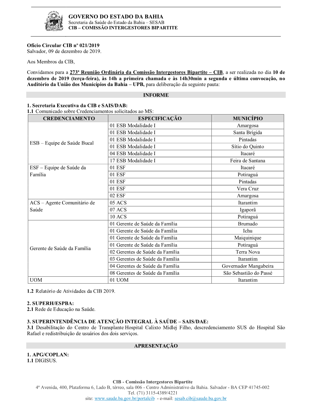 Pauta Da 273ª Reunião Ordinária Da CIB De 10 De Dezembro De