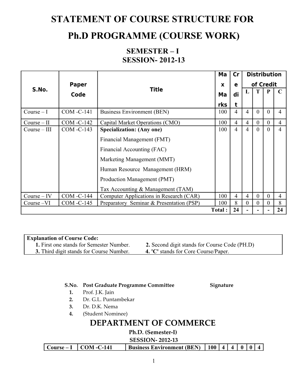 Statement of Course Structure For