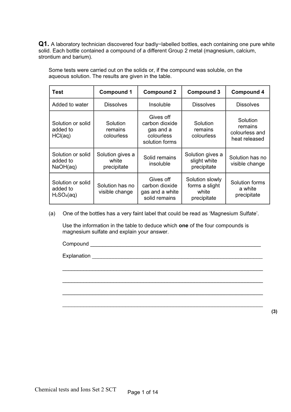 Chemical Tests and Ions Set 2 SCT Page 1 of 14