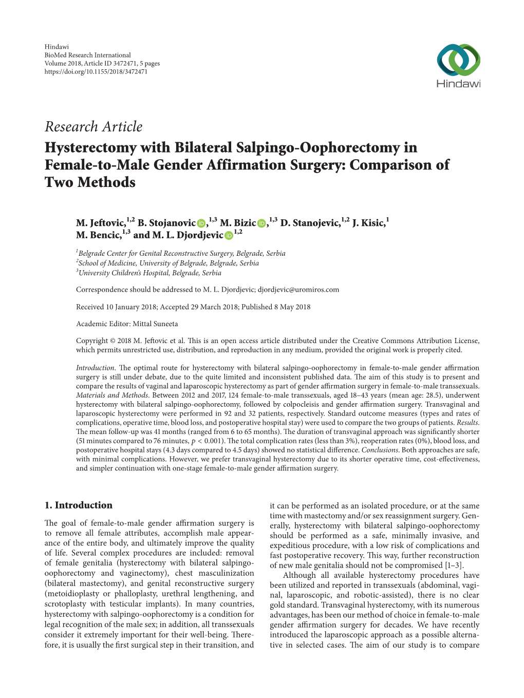 Hysterectomy with Bilateral Salpingo-Oophorectomy in Female-To-Male Gender Affirmation Surgery: Comparison of Two Methods