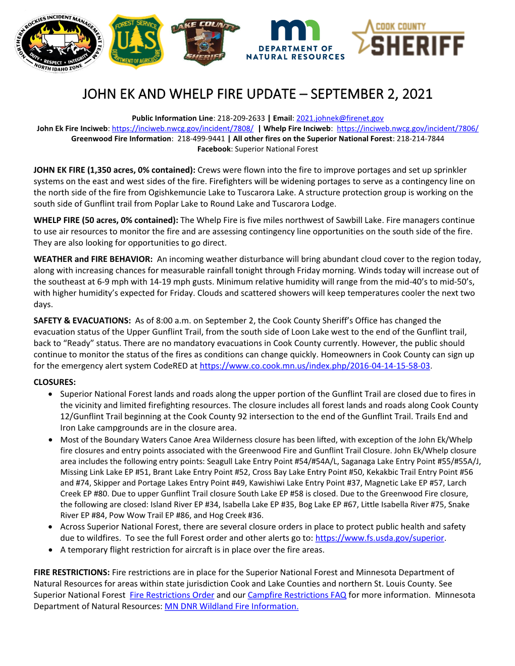 John Ek and Whelp Fire Update – September 2, 2021
