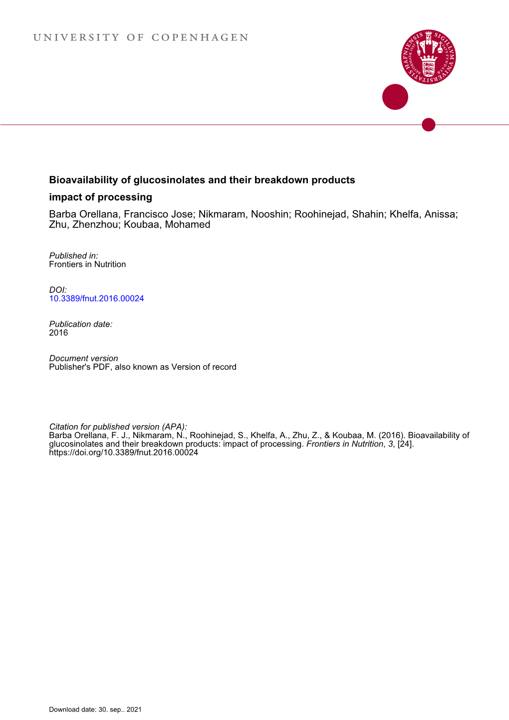 Bioavailability of Glucosinolates and Their Breakdown Products