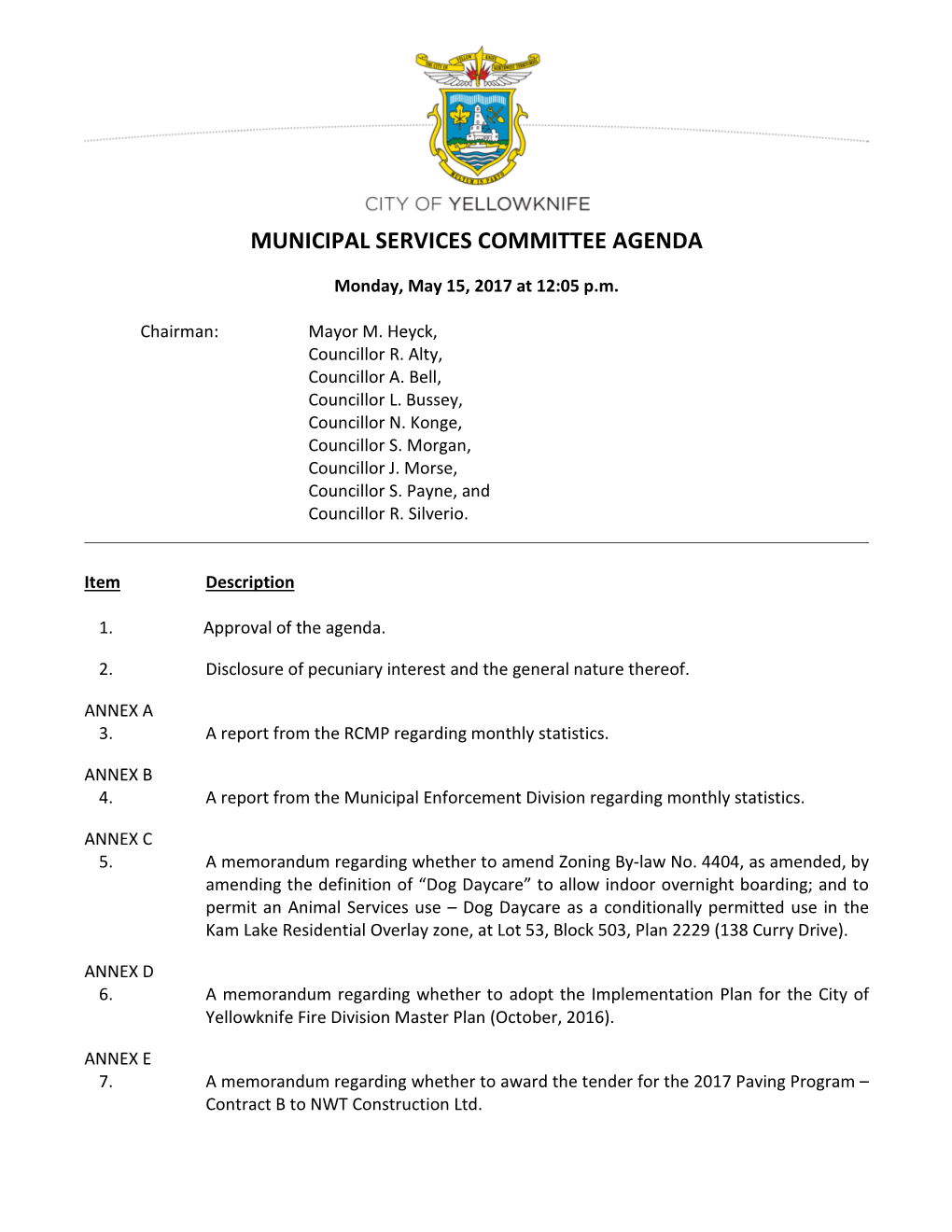 Municipal Services Committee Agenda