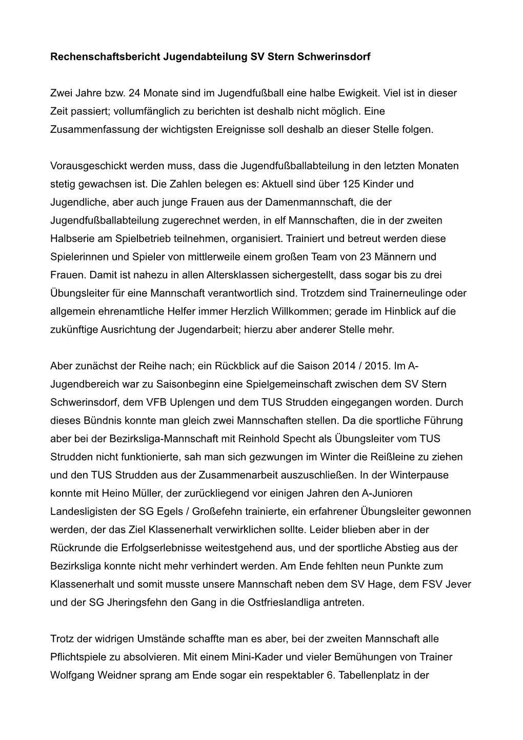 Rechenschaftsbericht Jugendabteilung SV Stern Schwerinsdorf